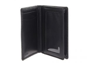a black wallet with a clear plastic inside