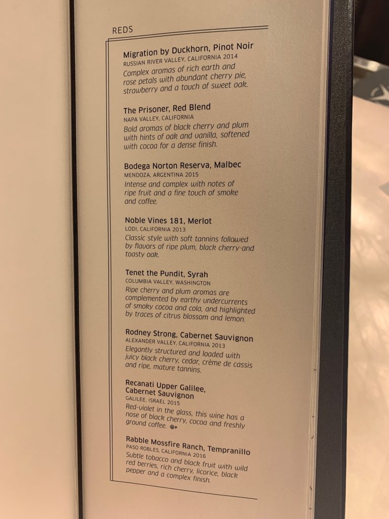 a menu of a wine tasting